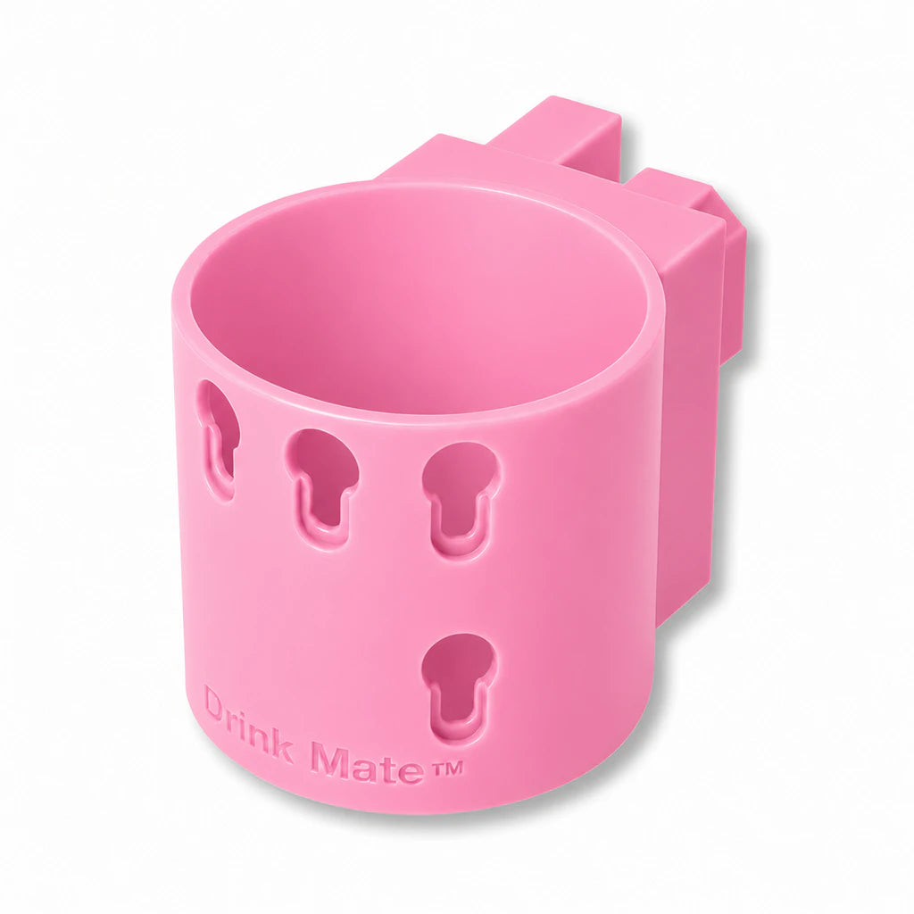Drink Mate in pink. Patented fence mounted cup holder.