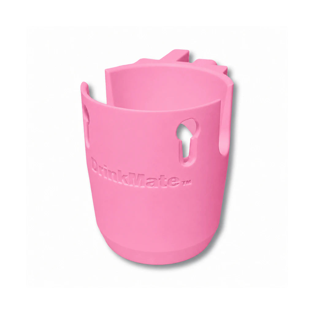 Drink Mate in pink. Patented fence mounted cup holder.