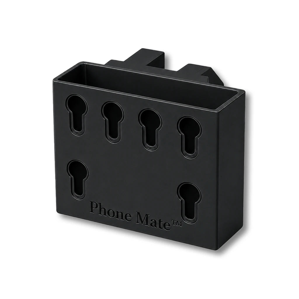 Phone Mate in black. Patented fence mounted phone caddy.