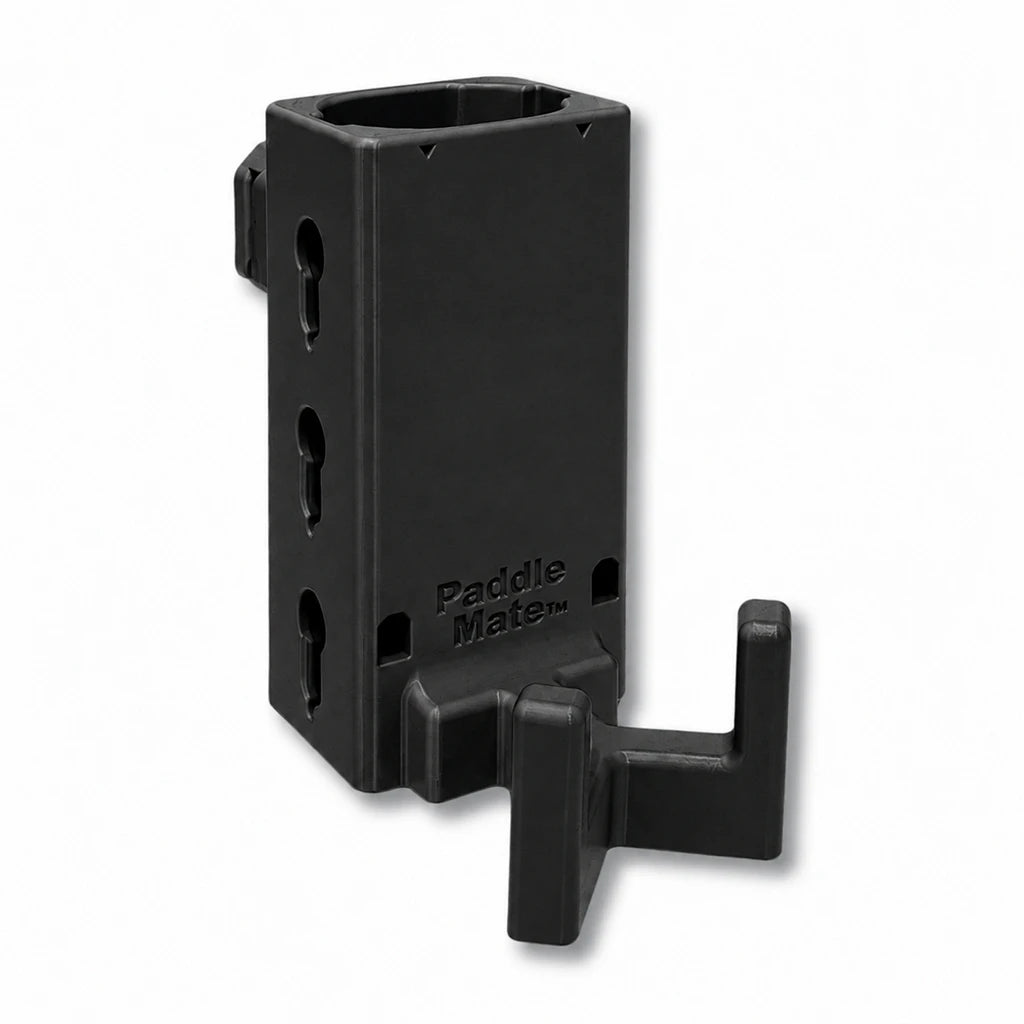 Paddle Mate in black. Patented fence mounted pickleball paddle holder.