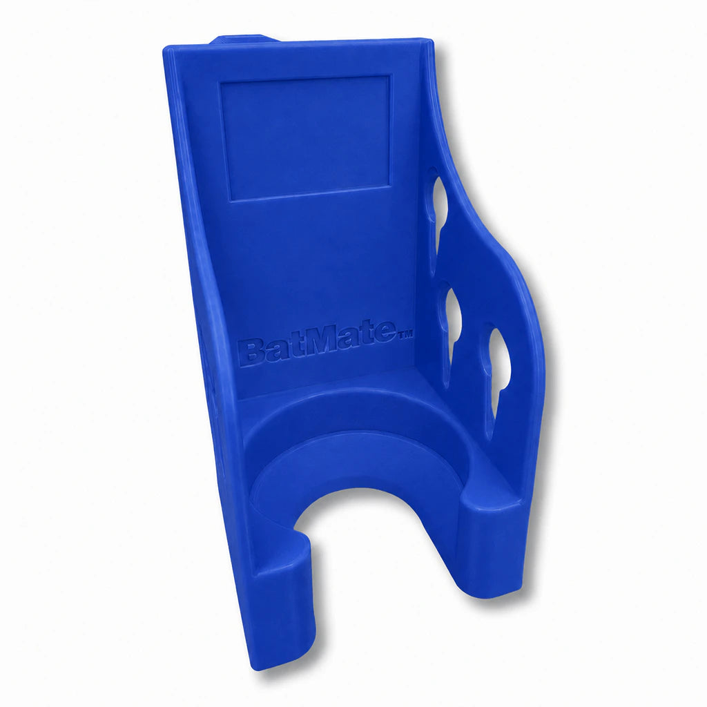 Bat Mate in blue. Patented fence mounted bat protector.