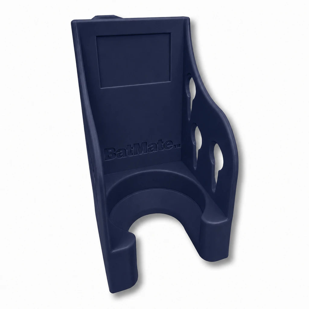 Bat Mate in dark blue. Patented fence mounted bat protector.
