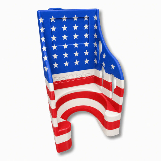 Bat Mate Patriotic Edition in a red, white and blue flag pattern. Patented fence mounted bat protector.
