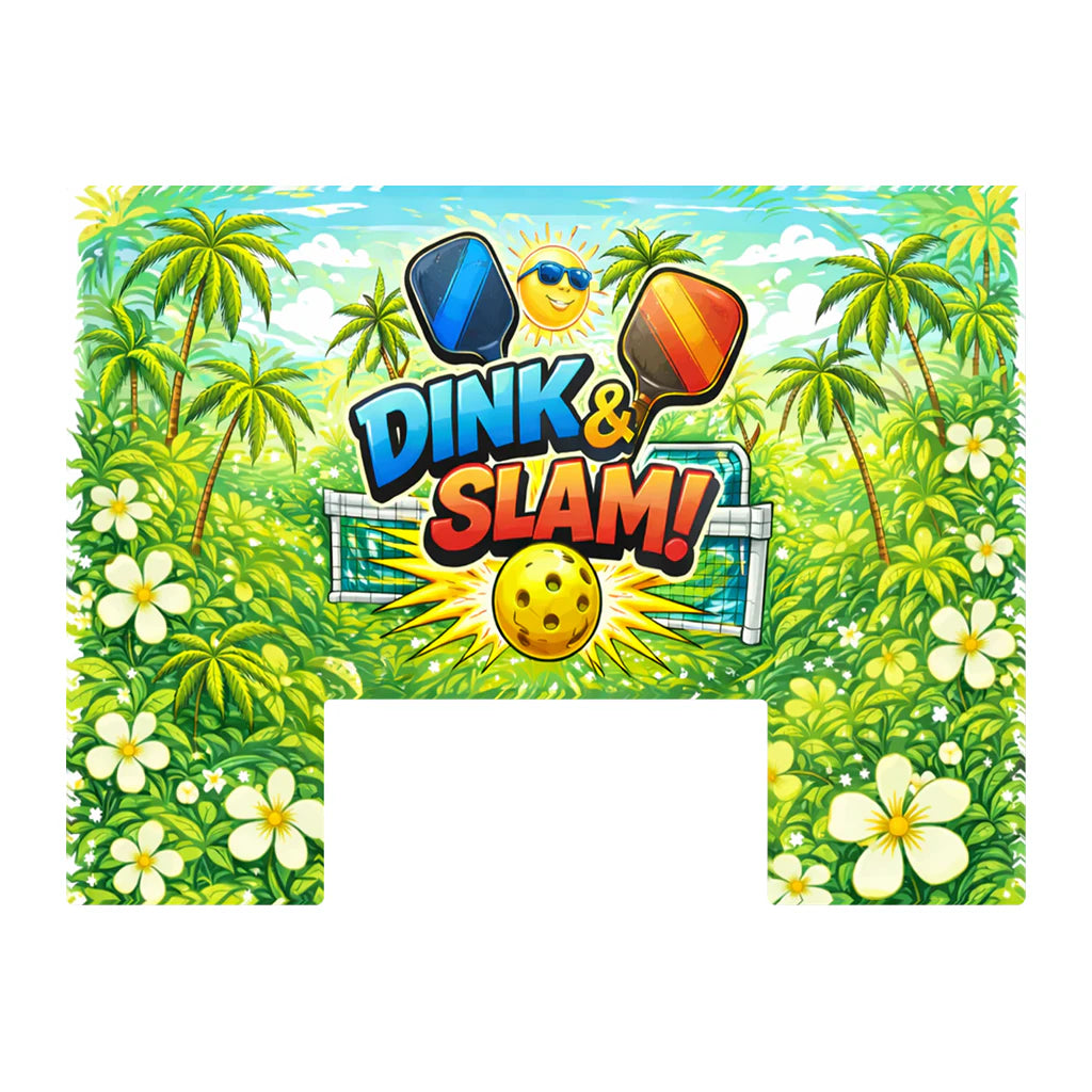 Paddle Saver™ Dink & Slam skin. The vinyl wrap has a tropical theme with pickleball paddles, ball and logo.