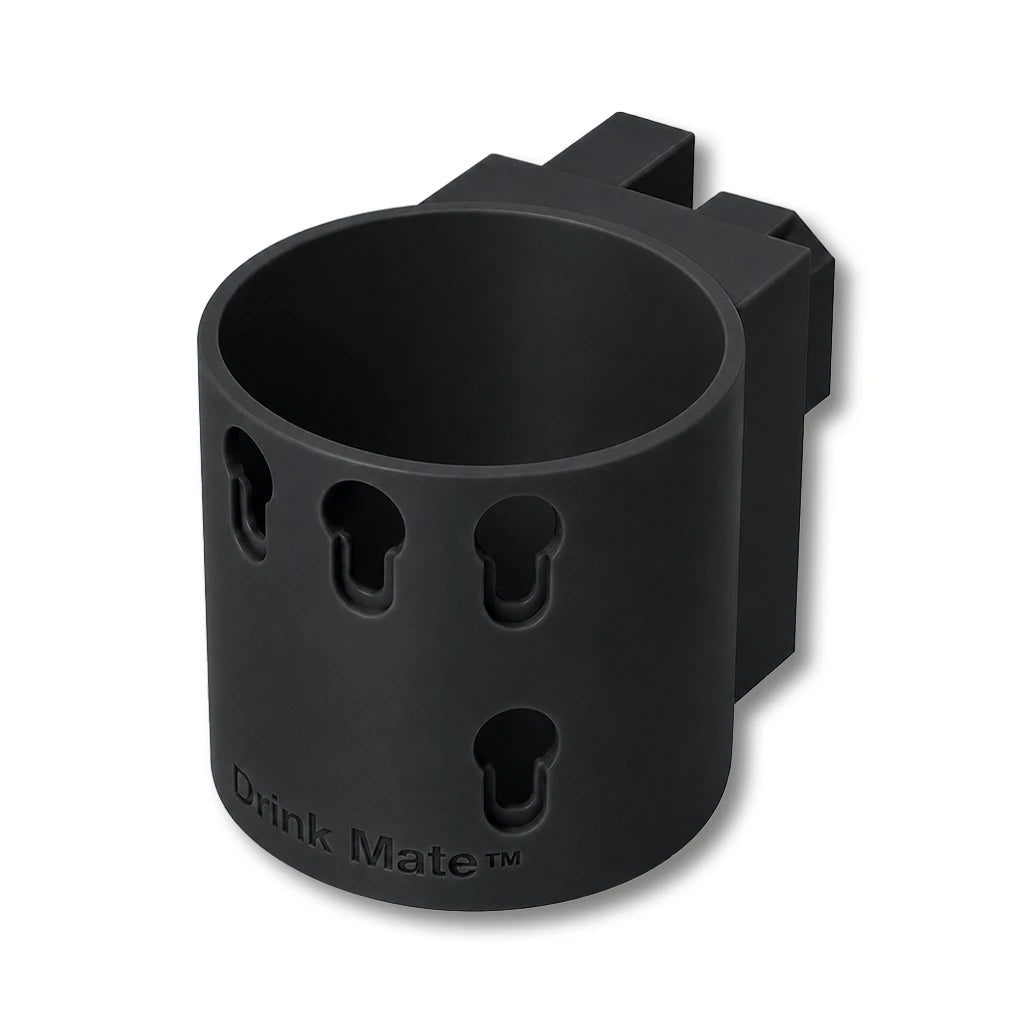 Drink Mate in black. Patented fence mounted cup holder.