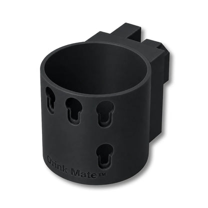 Drink Mate in black. Patented fence mounted cup holder.
