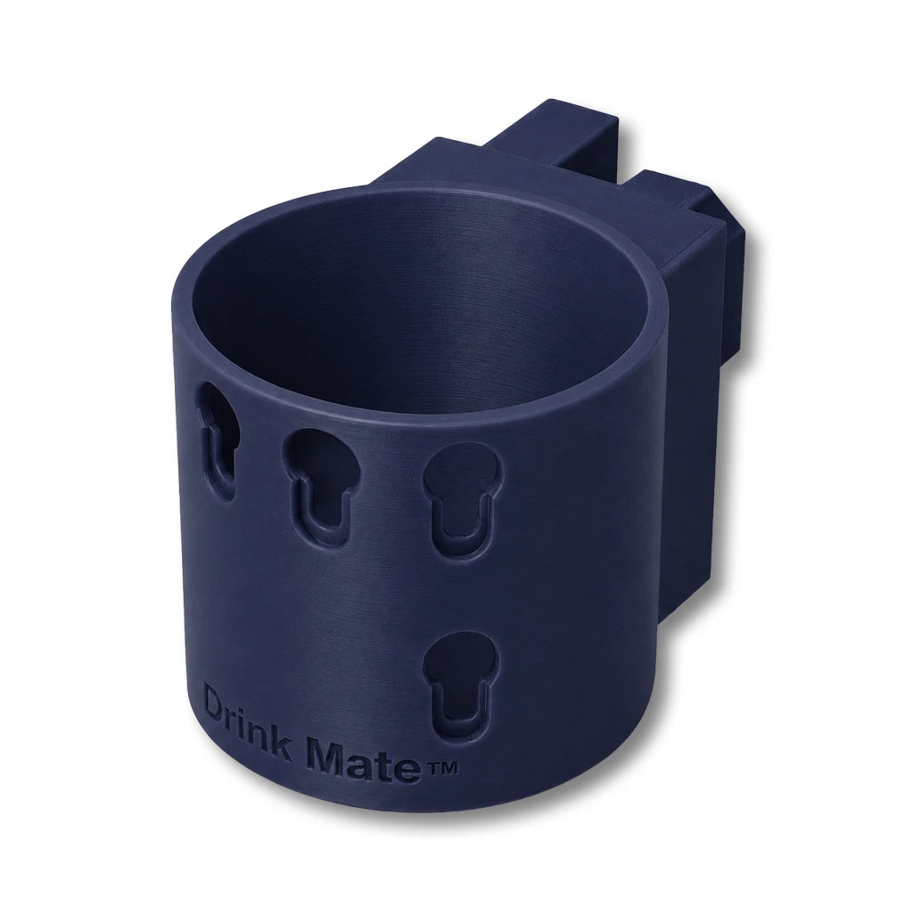 Drink Mate in dark blue. Patented fence mounted cup holder.