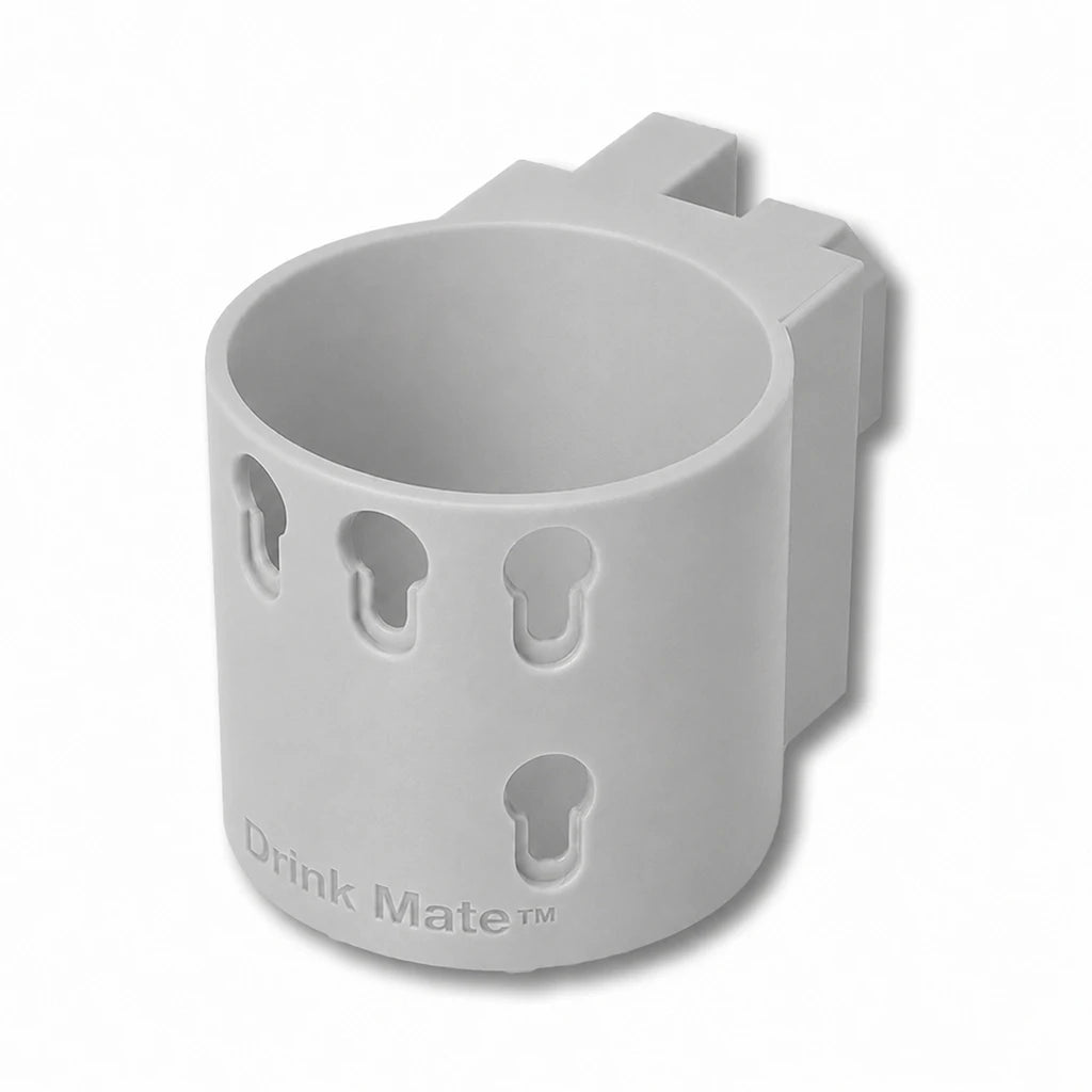 Drink Mate in gray. Patented fence mounted cup holder.