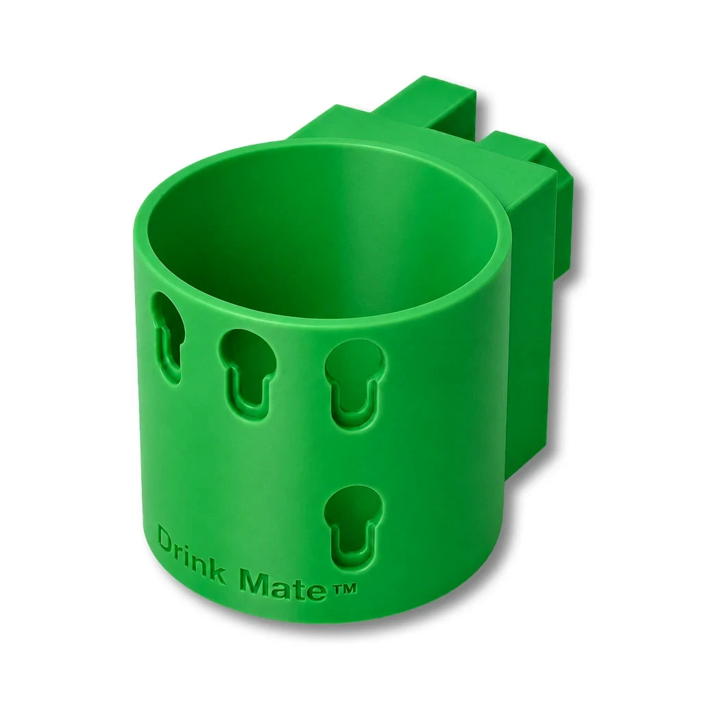 Drink Mate in green. Patented fence mounted cup holder.