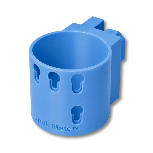 Drink Mate in light blue. Patented fence mounted cup holder.