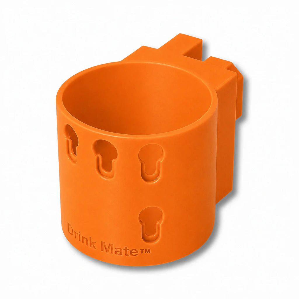 Drink Mate in orange. Patented fence mounted cup holder.