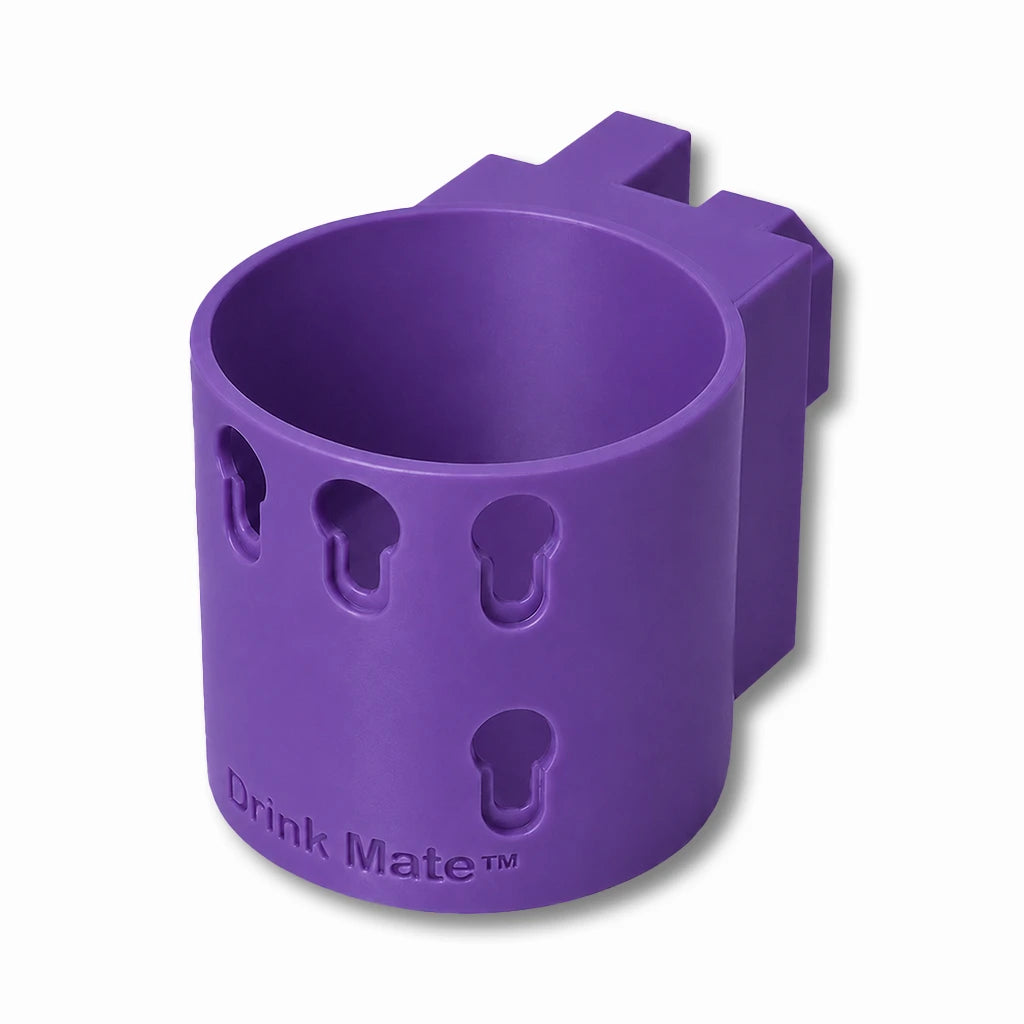 Drink Mate in purple. Patented fence mounted cup holder.