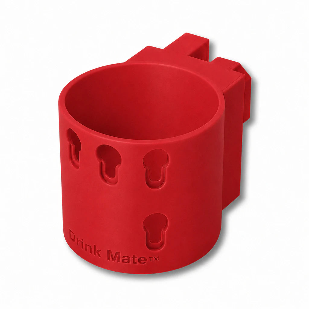 Drink Mate in red. Patented fence mounted cup holder.