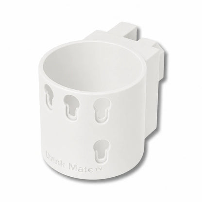 Drink Mate in white. Patented fence mounted cup holder.