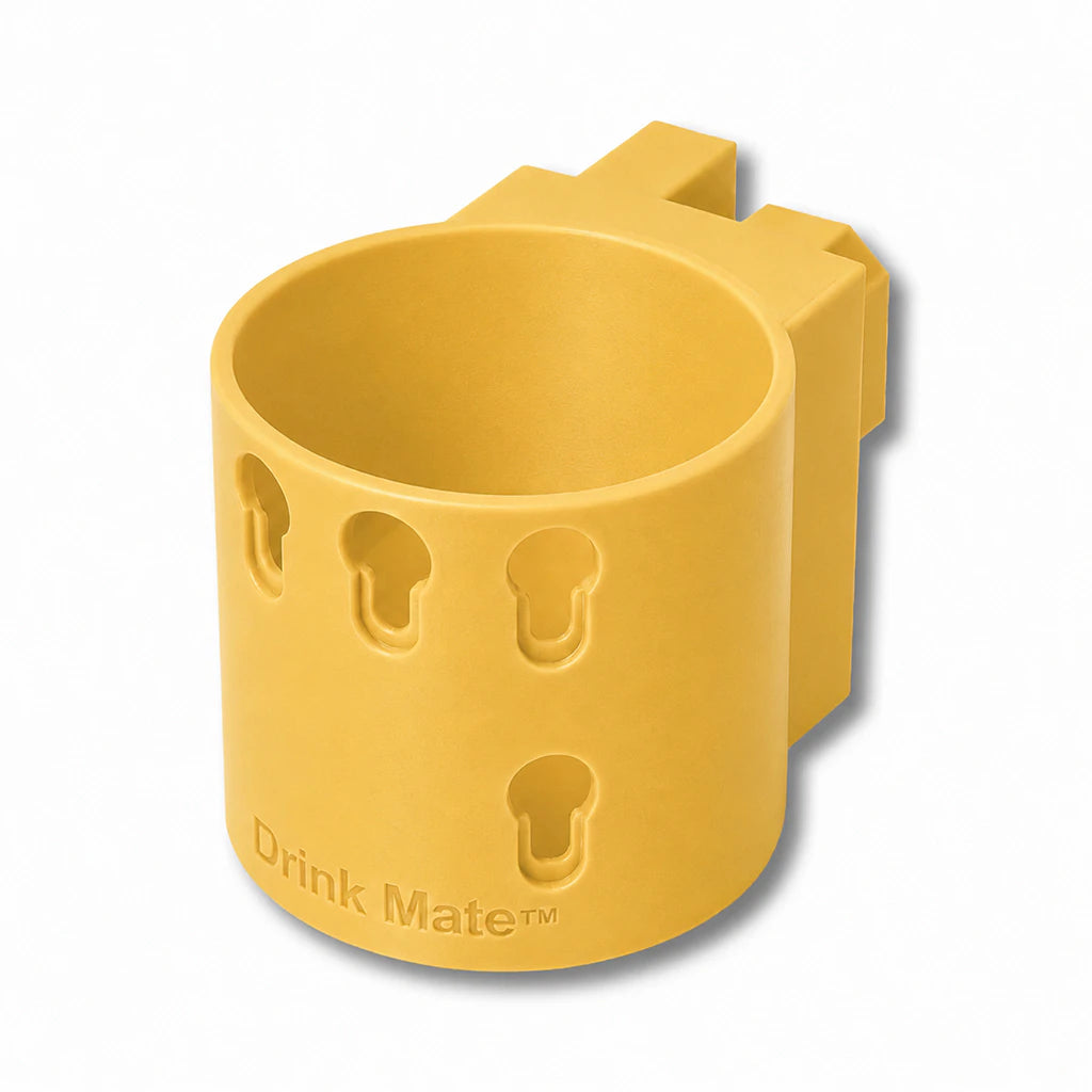 Drink Mate in yellow. Patented fence mounted cup holder.