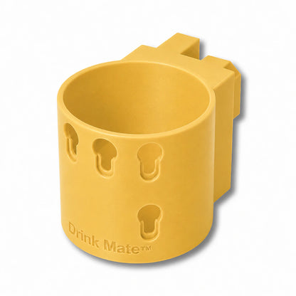 Drink Mate in yellow. Patented fence mounted cup holder.