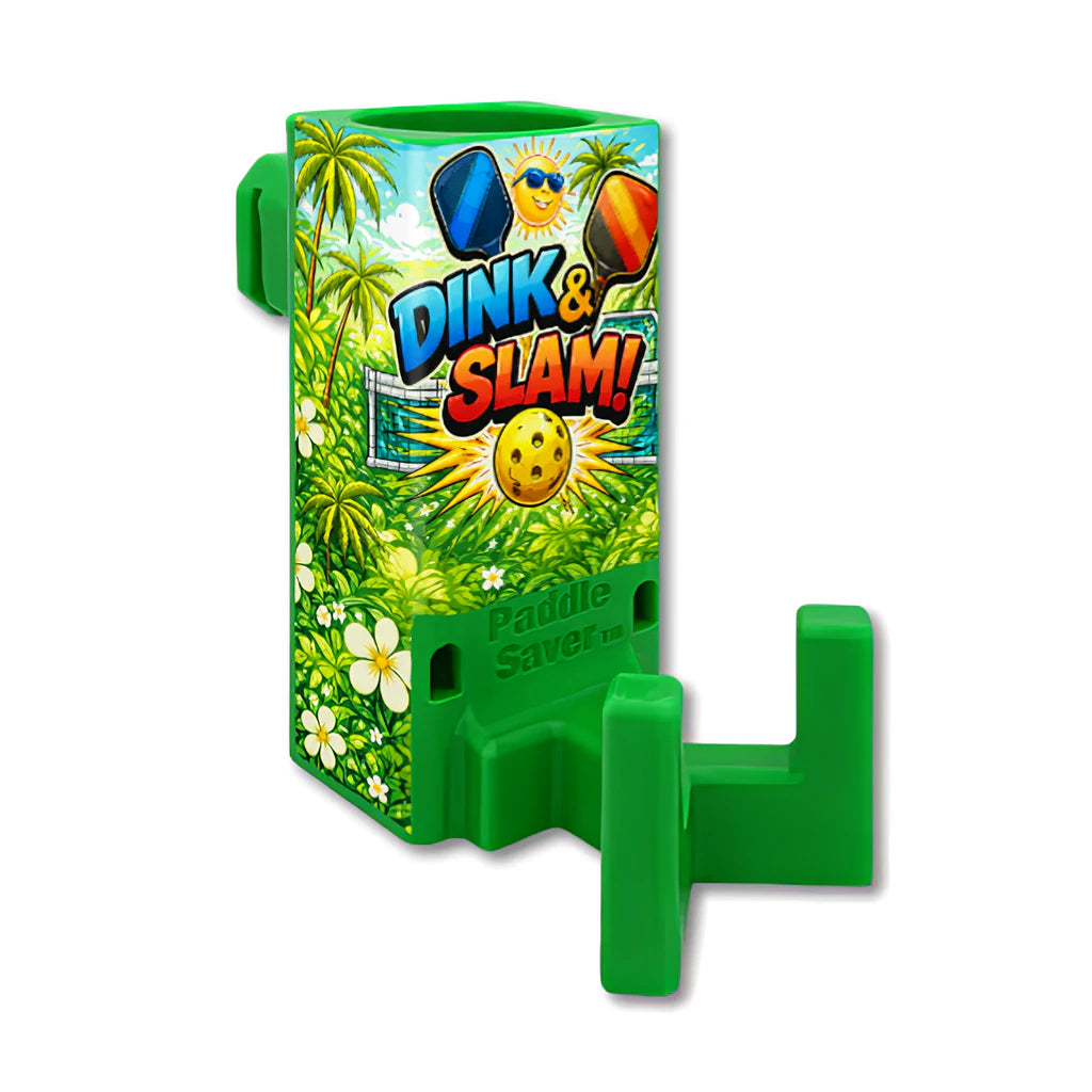 Paddle Saver™ Dink & Slam skin wrapped around a green Paddle Saver™.