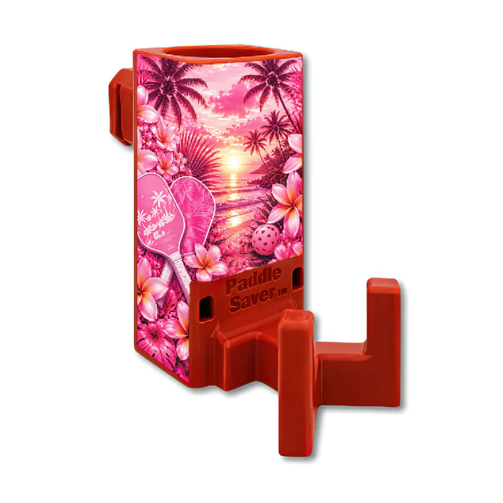 Paddle Saver™ Hibiscus Dusk skin wrapped around a red Paddle Saver™.