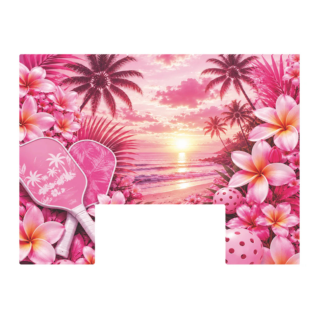 Paddle Saver™ Hibiscus Dusk skin.The vinyl wrap has a pink beach scene with paddles, balls, palm trees, hibiscus flowers, and a sunset.