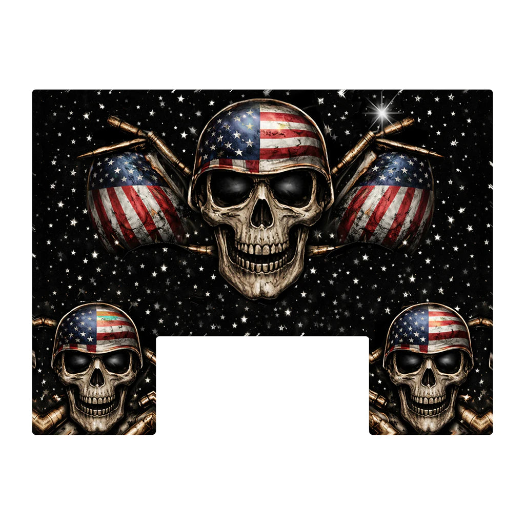 Paddle Saver™ Net Reaper skin. The vinyl wrap has a Graveyard patriotic theme with flag-helmet wearing skulls.