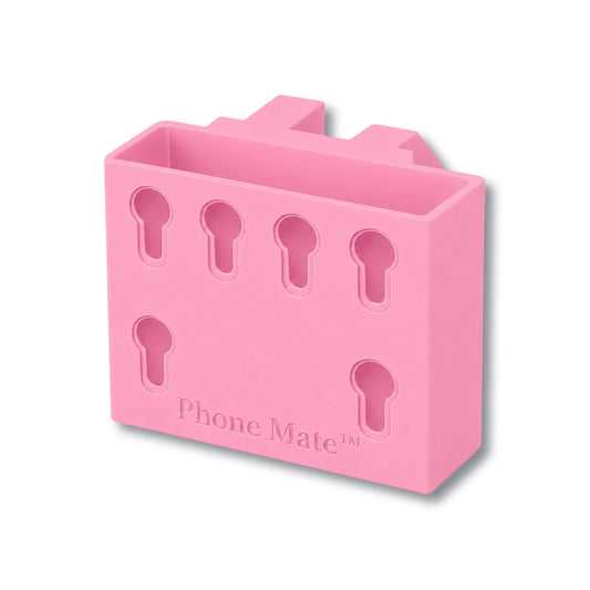 Phone Mate in pink. Patented fence mounted phone caddy.