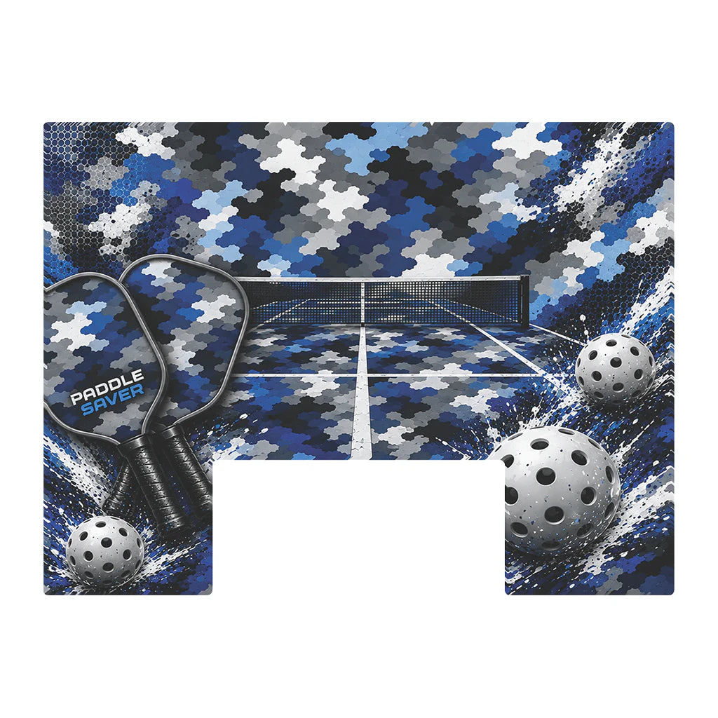 Paddle Saver™ Piece Of The Court skin. The vinyl wrap has pickleball paddles and balls on a blue puzzle piece court background.