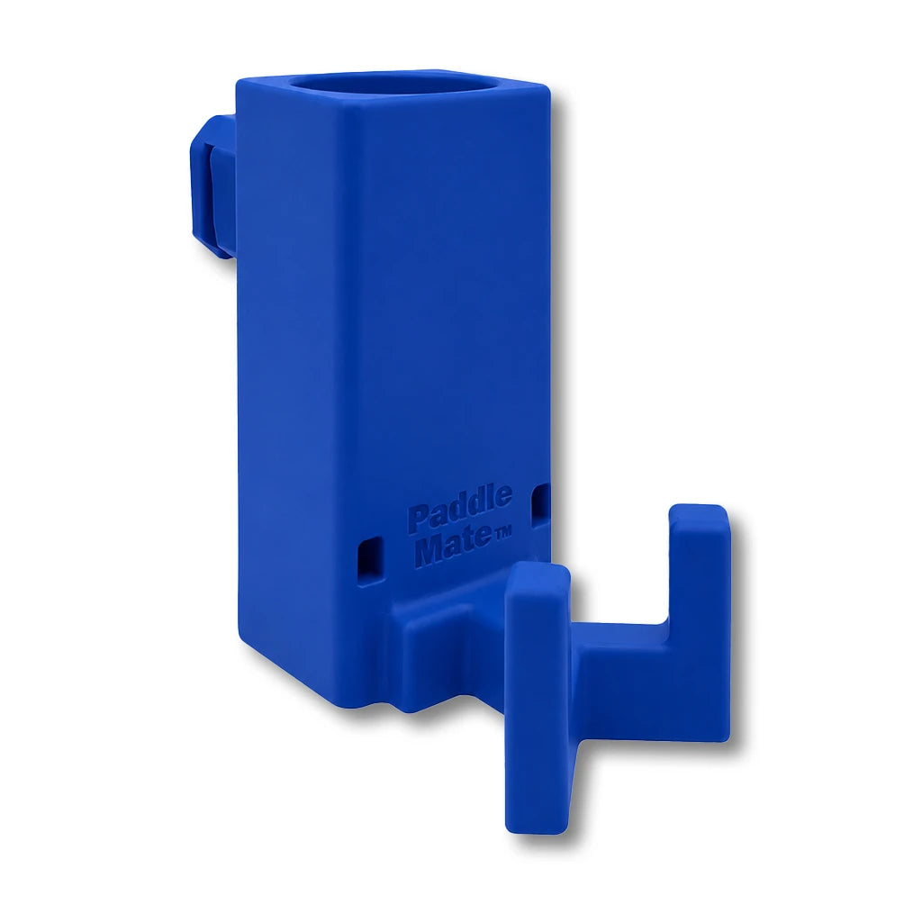 Paddle Mate in blue. Patented fence mounted pickleball paddle holder.