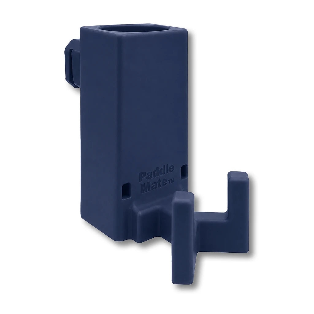 Paddle Mate in dark blue. Patented fence mounted pickleball paddle holder.