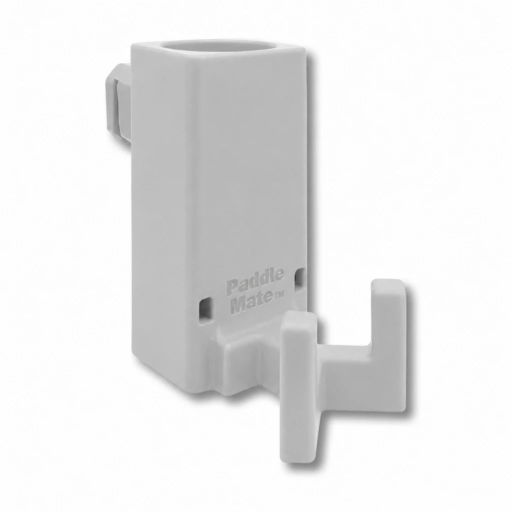 Paddle Mate in gray. Patented fence mounted pickleball paddle holder.