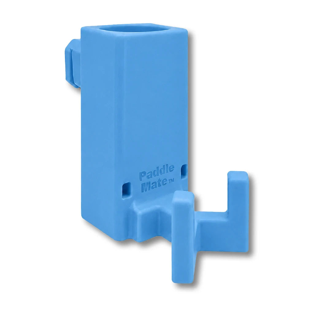 Paddle Mate in light blue. Patented fence mounted pickleball paddle holder.