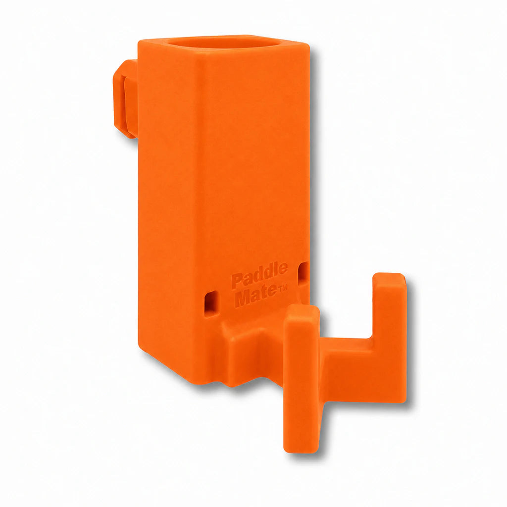 Paddle Mate in orange. Patented fence mounted pickleball paddle holder.