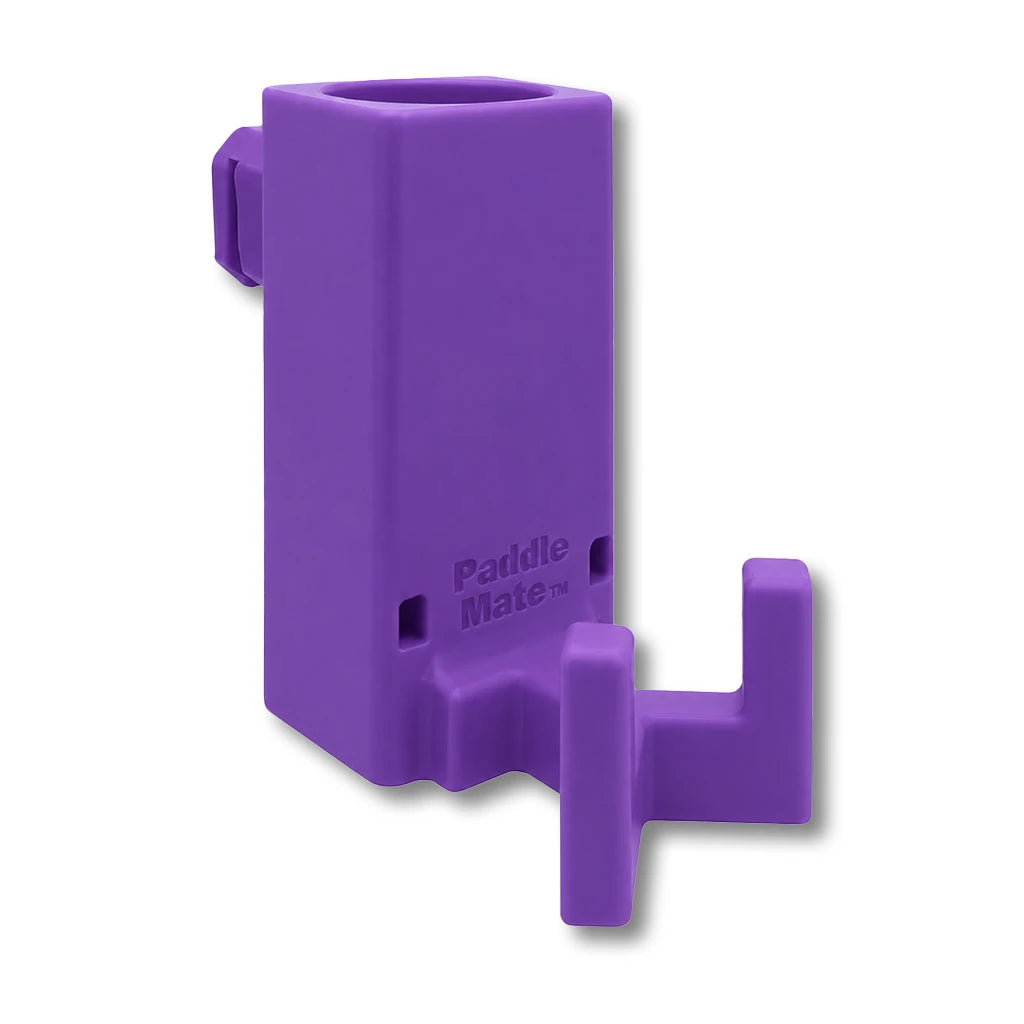Paddle Mate in purple. Patented fence mounted pickleball paddle holder.