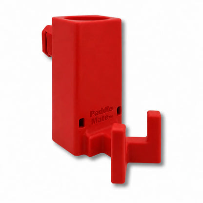 Paddle Mate in red. Patented fence mounted pickleball paddle holder.