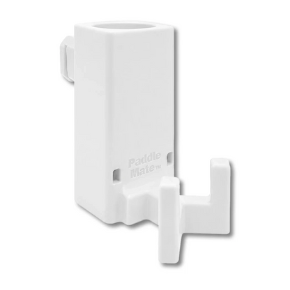 Paddle Mate in white. Patented fence mounted pickleball paddle holder.