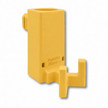Paddle Mate in yellow. Patented fence mounted pickleball paddle holder.
