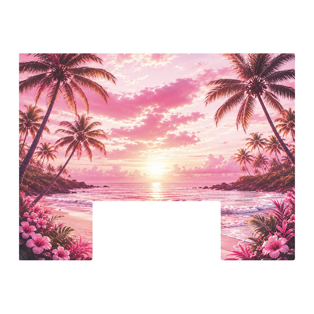 Paddle Saver™ Pretty In Pink skin. The vinyl wrap has a tropical beach scene with palm trees and flowers during a pink sunset.