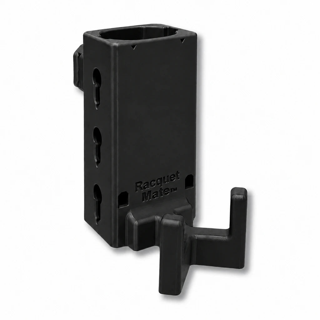 Racquet Mate in black. Patented fence mounted racquet protector.