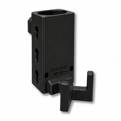Racquet Mate in black. Patented fence mounted racquet protector.