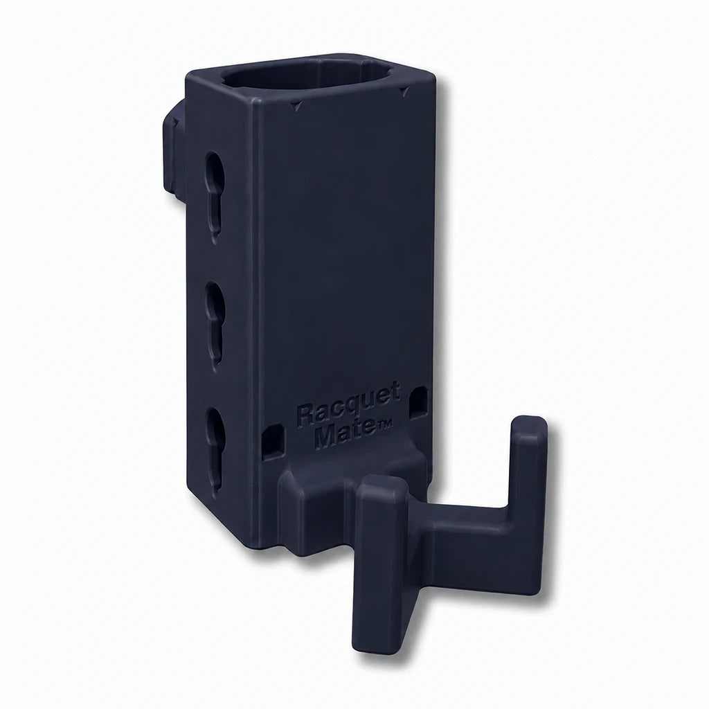 Racquet Mate in dark blue. Patented fence mounted racquet protector.