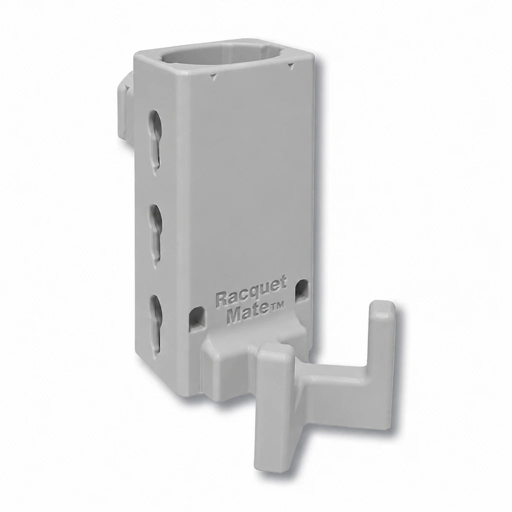 Racquet Mate in gray. Patented fence mounted racquet protector.