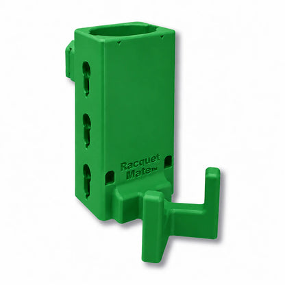 Racquet Mate in green. Patented fence mounted racquet protector.