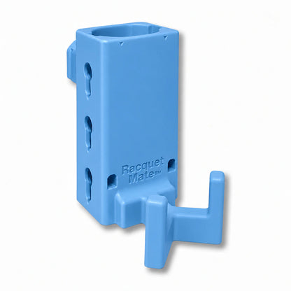 Racquet Mate in light blue. Patented fence mounted racquet protector.