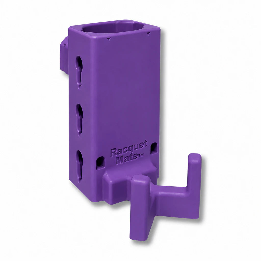 Racquet Mate in purple. Patented fence mounted racquet protector.