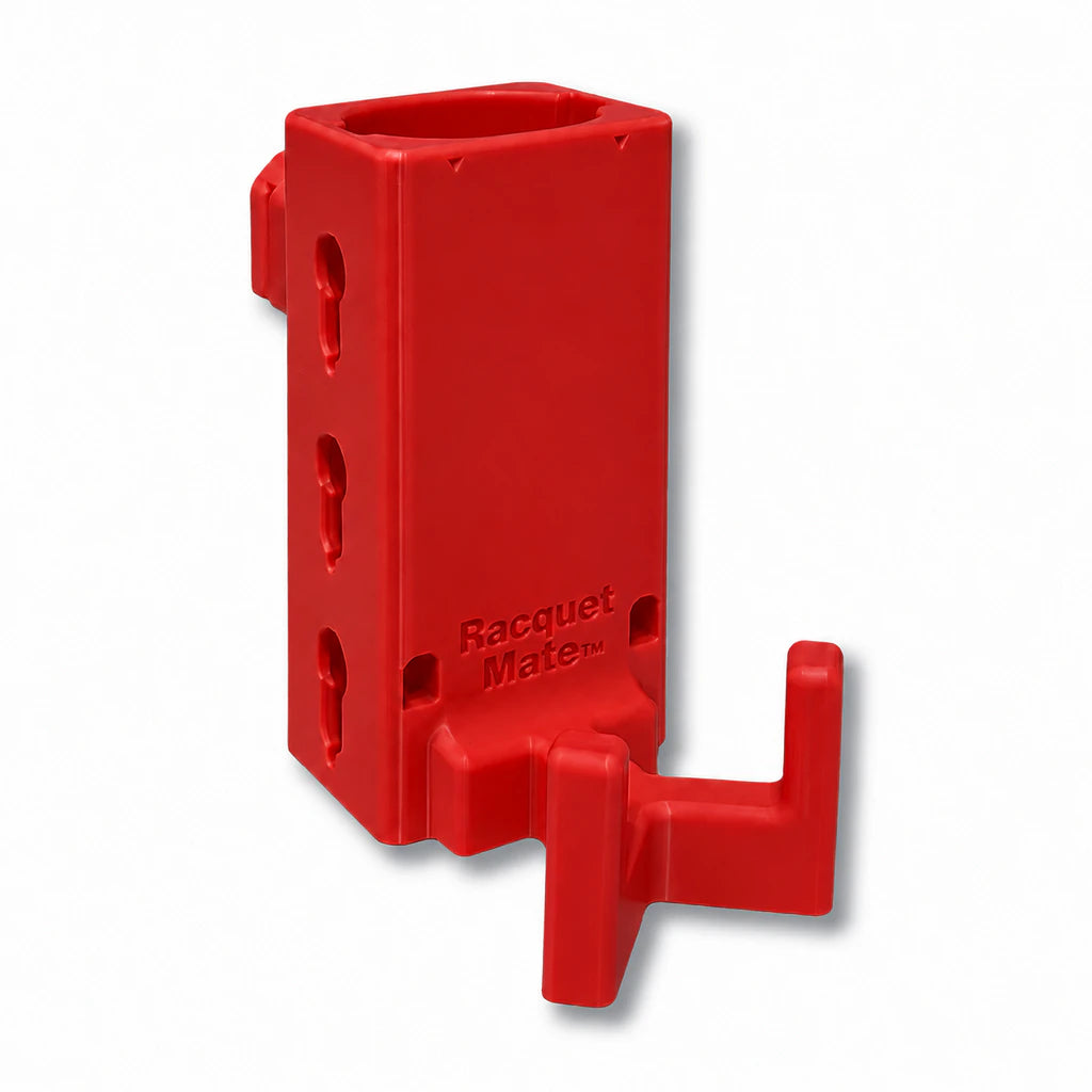 Racquet Mate in red. Patented fence mounted racquet protector.
