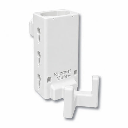 Racquet Mate in white. Patented fence mounted racquet protector.
