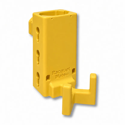 Racquet Mate in yellow. Patented fence mounted racquet protector.