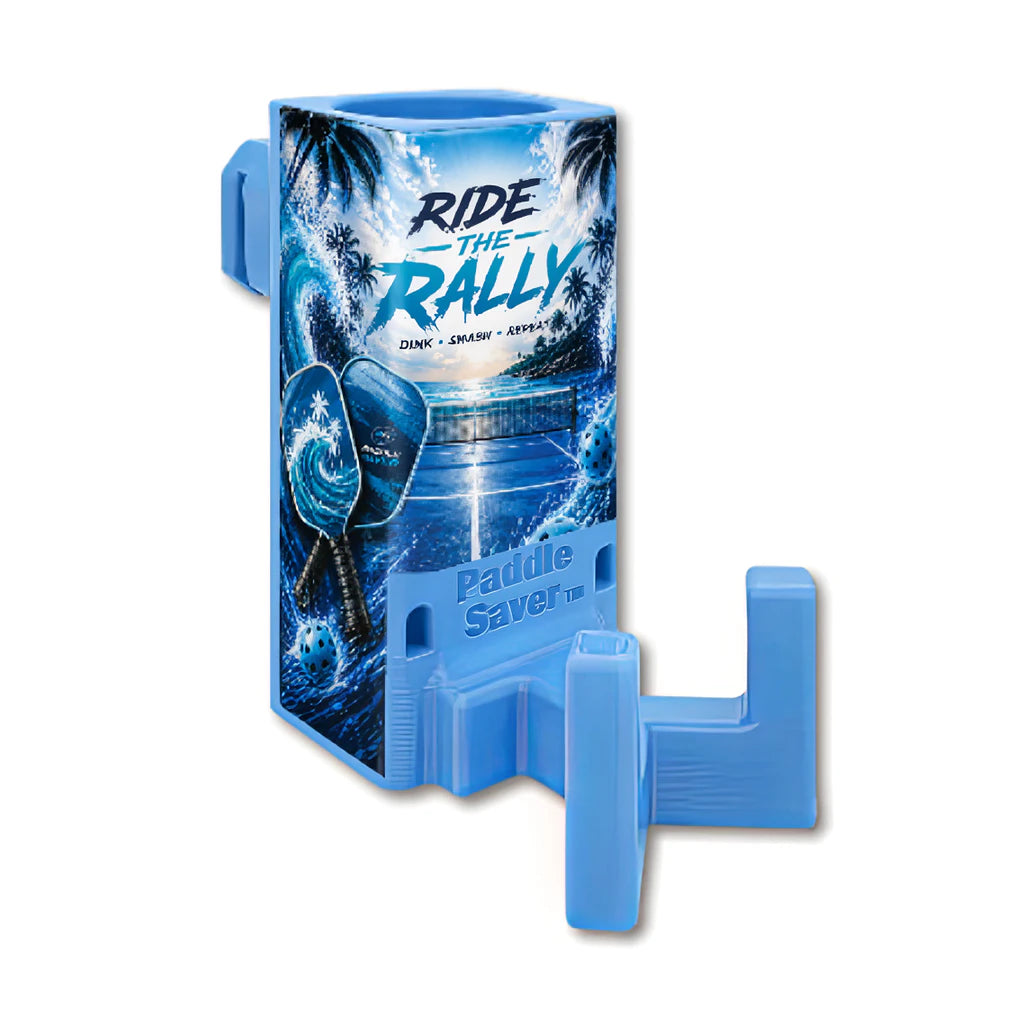 Paddle Saver™ Ride The Rally skin wrapped around a light blue Paddle Saver™.