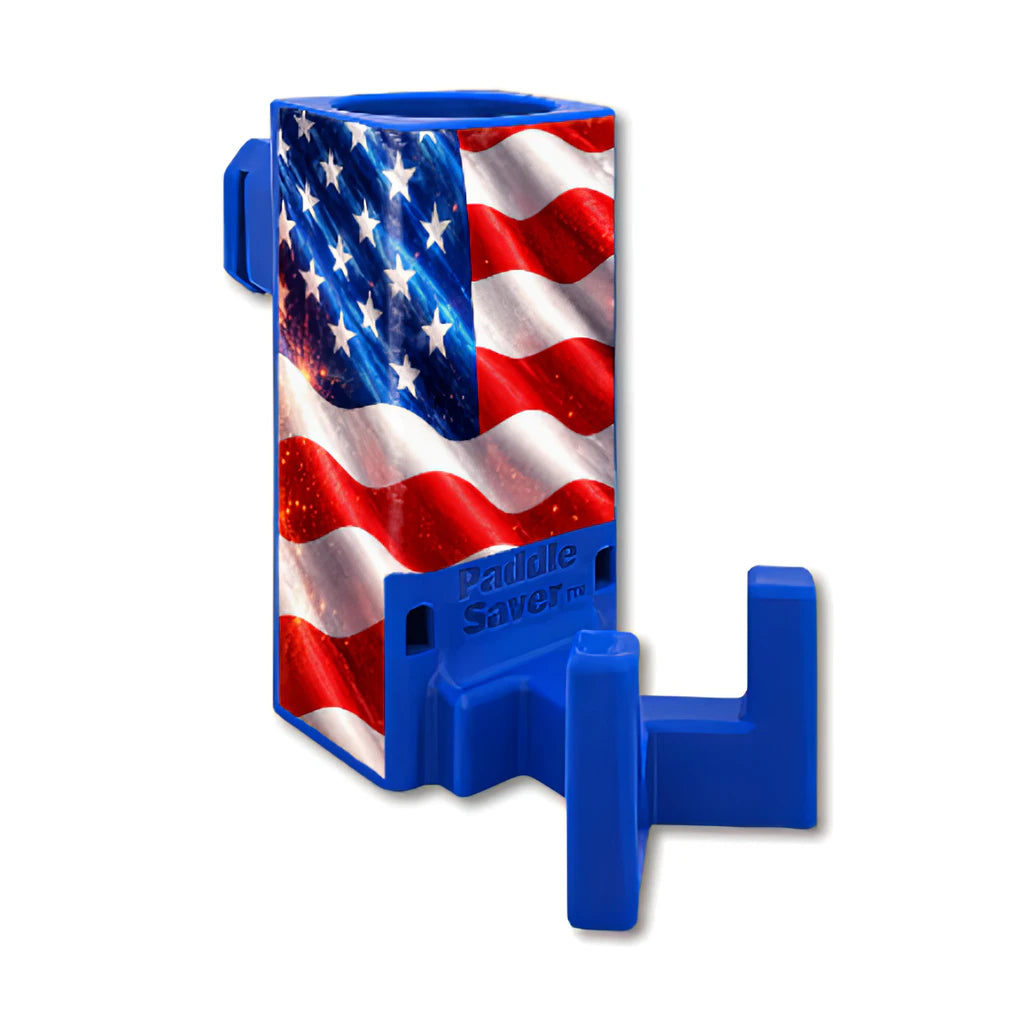 Paddle Saver™ Stars Stripes N' Slams skin wrapped around a blue Paddle Saver™.