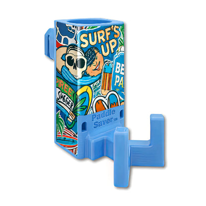 Paddle Saver™ Serve's Up skin wrapped around a light blue Paddle Saver™.