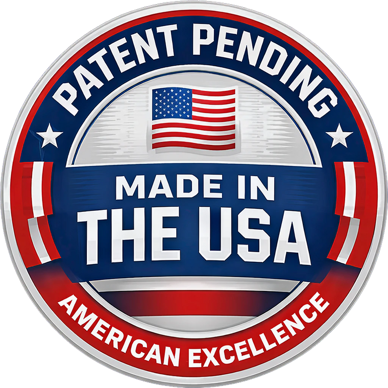 Circular badge of Made In The USA with Patent Pending.